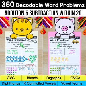 360 Decodable Word Problems MEGA BUNDLE - CVC Words, Blends, Digraphs, CVCe Words, R-Controlled Vowels, Vowel Teams, Diphthongs