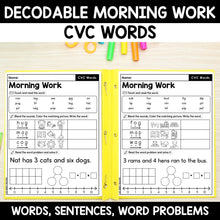 Load image into Gallery viewer, CVC Words Morning Work - Decodable Words, Sentences and Word Problems to 10