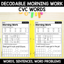 Load image into Gallery viewer, CVC Words Morning Work - Decodable Words, Sentences and Word Problems to 10