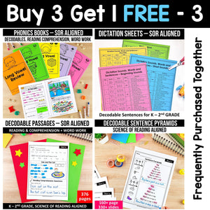 Buy3Get1 FREE B3 - Dictation Practice, Decodable Passages + Word Work, Phonics Books, Sentence Pyramids