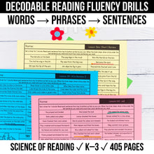 Load image into Gallery viewer, Decodable Reading Fluency Drills | Words, Phrases &amp; Sentences | Phonics Bundle K-3