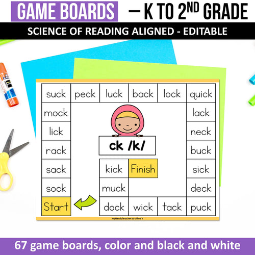 Science of Reading Game Board with Decodable Words (Editable) - K - 2nd Grade