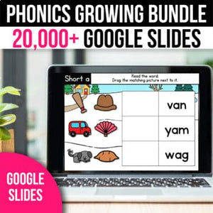 Phonics Activities for Google Slides; CVC, CVCe, Sight Words, Blends, Digraphs Centers Bundle